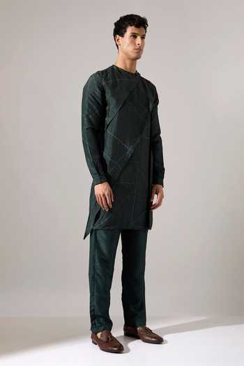 Son Of A Noble Snob_Green Silk Rob Riplee Kurta Set _Online_at_Aza_Fashions