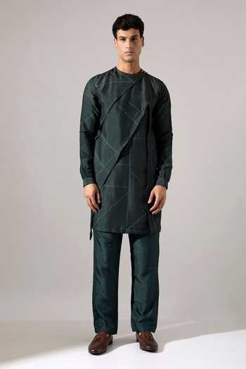 Buy_Son Of A Noble Snob_Green Silk Rob Riplee Kurta Set _Online_at_Aza_Fashions