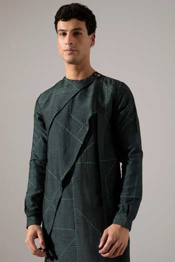 Shop_Son Of A Noble Snob_Green Silk Rob Riplee Kurta Set _Online_at_Aza_Fashions