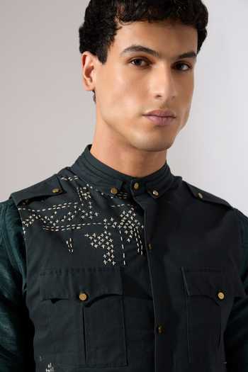 Son Of A Noble Snob_Green Cotton Embroidery Vance Hand Bundi _Online_at_Aza_Fashions