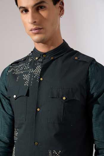 Buy_Son Of A Noble Snob_Green Cotton Embroidery Vance Hand Bundi _Online_at_Aza_Fashions
