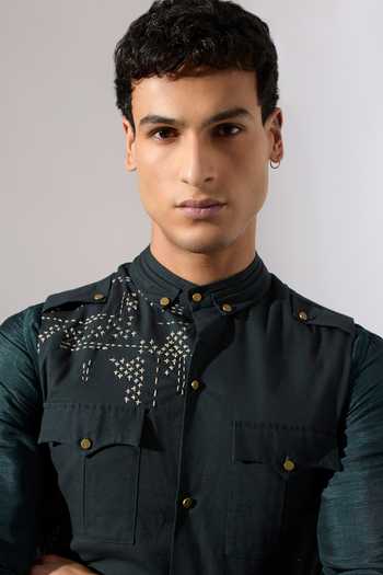 Shop_Son Of A Noble Snob_Green Cotton Embroidery Vance Hand Bundi _Online_at_Aza_Fashions