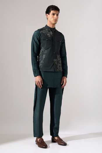 Son Of A Noble Snob_Green Cotton Embroidery Vance Hand Bundi _at_Aza_Fashions