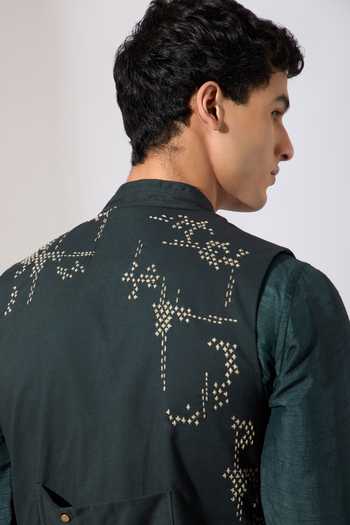 Buy_Son Of A Noble Snob_Green Cotton Embroidery Vance Hand Bundi 
