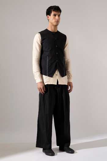 Son Of A Noble Snob_Black Cotton Embroidery Dane Hand Bundi _at_Aza_Fashions