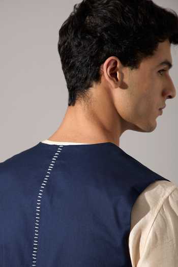 Son Of A Noble Snob_Blue Cotton Embroidery Dane Hand Bundi _Online_at_Aza_Fashions