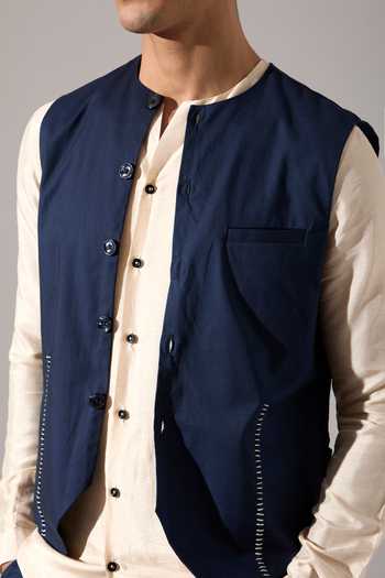 Buy_Son Of A Noble Snob_Blue Cotton Embroidery Dane Hand Bundi _Online_at_Aza_Fashions