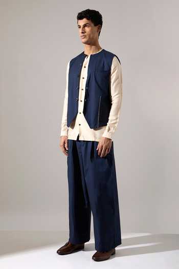 Shop_Son Of A Noble Snob_Blue Cotton Embroidery Dane Hand Bundi _Online_at_Aza_Fashions