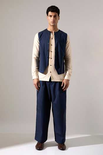 Son Of A Noble Snob_Blue Cotton Embroidery Dane Hand Bundi _at_Aza_Fashions