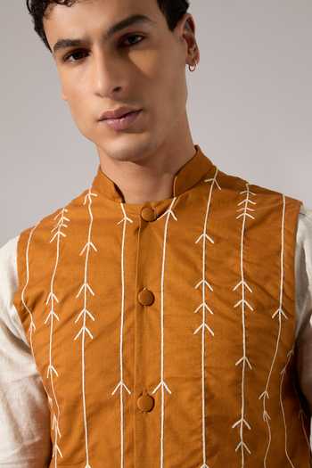 Son Of A Noble Snob Mustard Cotton Embroidery Elian Hand Bundi at Aza Fashions Son Of A Noble Snob_Mustard Cotton Embroidery Elian Hand Bundi _at_Aza_Fashions