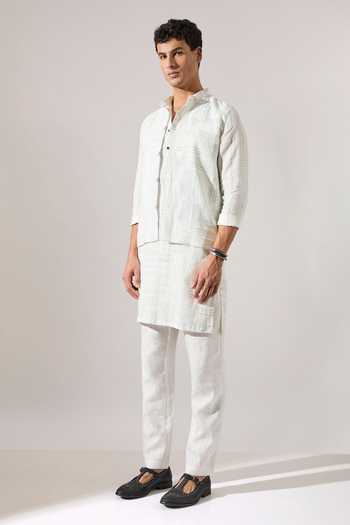 Son Of A Noble Snob White Linen Cameron Dot Print Bundi Online at Aza Fashions Son Of A Noble Snob_White Linen Cameron Dot Print Bundi _Online_at_Aza_Fashions