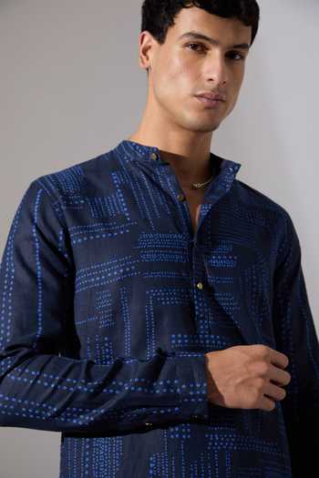 Shop Son Of A Noble Snob Blue Linen Lucas Shibori And Dot Print Kurta Set Online at Aza Fashions Shop_Son Of A Noble Snob_Blue Linen Lucas Shibori And Dot Print Kurta Set _Online_at_Aza_Fashions