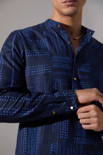 Son Of A Noble Snob Blue Linen Lucas Shibori And Dot Print Kurta Set at Aza Fashions Son Of A Noble Snob_Blue Linen Lucas Shibori And Dot Print Kurta Set _at_Aza_Fashions
