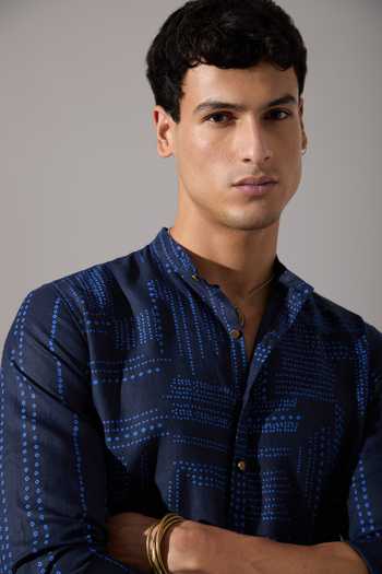 Buy Son Of A Noble Snob Blue Linen Lucas Shibori And Dot Print Kurta Set Buy_Son Of A Noble Snob_Blue Linen Lucas Shibori And Dot Print Kurta Set