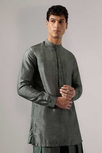 Son Of A Noble Snob_Green Silk, Cotton Mike Shirt And Pleated Pant Set _Online_at_Aza_Fashions