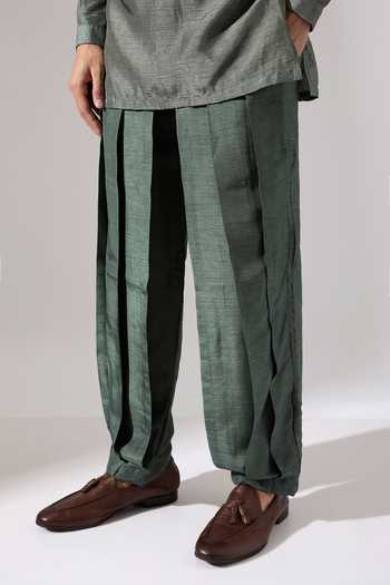 Buy_Son Of A Noble Snob_Green Silk, Cotton Mike Shirt And Pleated Pant Set _Online_at_Aza_Fashions