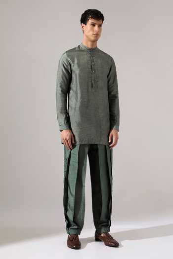 Shop_Son Of A Noble Snob_Green Silk, Cotton Mike Shirt And Pleated Pant Set _Online_at_Aza_Fashions