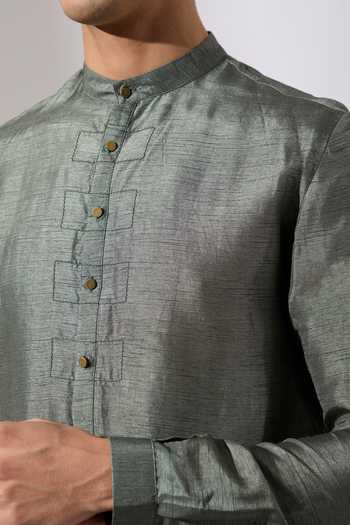 Son Of A Noble Snob_Green Silk, Cotton Mike Shirt And Pleated Pant Set _at_Aza_Fashions