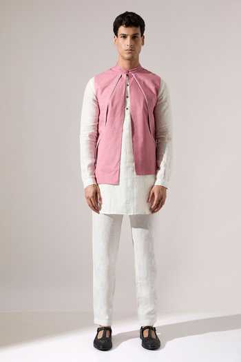 Son Of A Noble Snob_Pink Cotton, Linen Piping Windmill Sleeveless Bundi Set _Online_at_Aza_Fashions