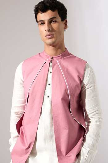 Buy_Son Of A Noble Snob_Pink Cotton, Linen Piping Windmill Sleeveless Bundi Set _Online_at_Aza_Fashions