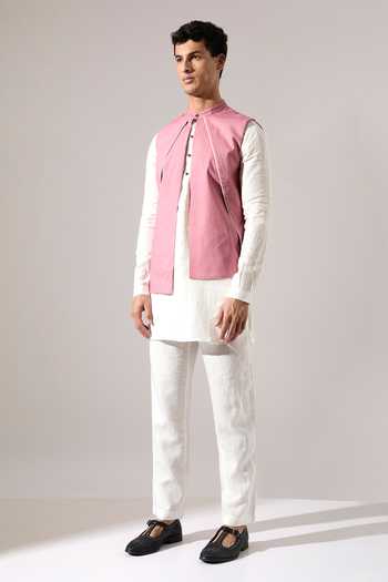 Son Of A Noble Snob_Pink Cotton, Linen Piping Windmill Sleeveless Bundi Set _at_Aza_Fashions