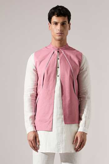 Buy_Son Of A Noble Snob_Pink Cotton, Linen Piping Windmill Sleeveless Bundi Set 