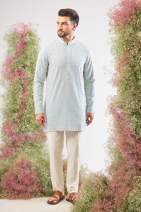 Buy Kasbah Blue Georgette Embroidery, Sequins Chikankari Short Kurta Online at Aza Fashions Buy_Kasbah_Blue Georgette Embroidery, Sequins Chikankari Short Kurta _Online_at_Aza_Fashions