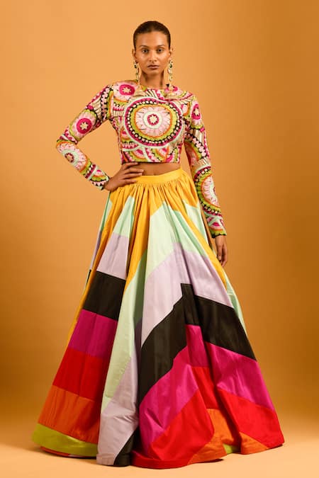 Buy_Siddartha Tytler_Multi Color Dupion Embroidery, Applique Round Neck Mandala Crop Top _Online_at_Aza_Fashions