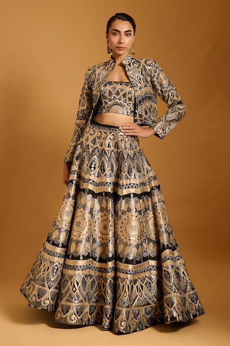 Shop_Siddartha Tytler_Black Dupion Zari, Applique Mandarin Collar Work Cropped Jacket _Online_at_Aza_Fashions