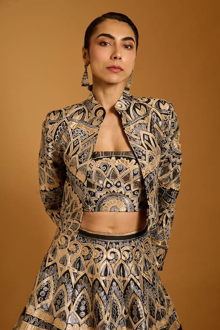 Siddartha Tytler Black Applique Work Cropped Jacket 