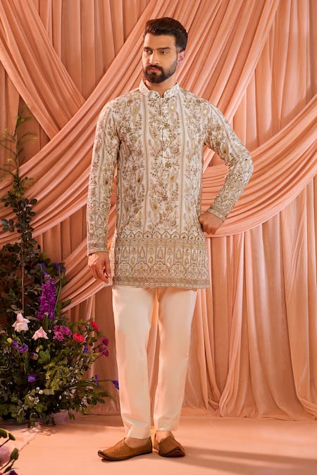 Shop_Kasbah_White Georgette Embroidery, Sequins, Zari Floral Pattern Kurta _Online_at_Aza_Fashions