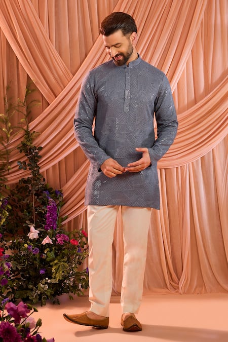 Shop_Kasbah_Grey Silk Sequins Embellished Kurta _Online_at_Aza_Fashions