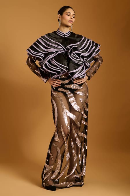 Shop_Siddartha Tytler_Black Organza Ruffles Band Collar Trifecta Jacket _Online_at_Aza_Fashions