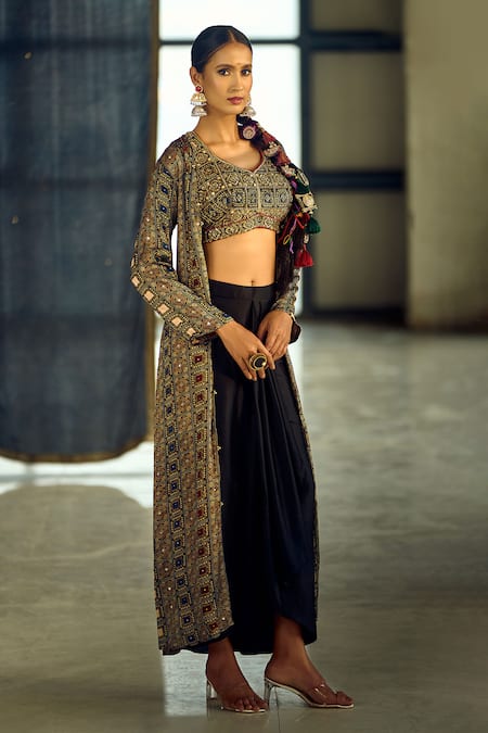 Samyukta Singhania Geometric Print Jacket Draped Skirt Set 