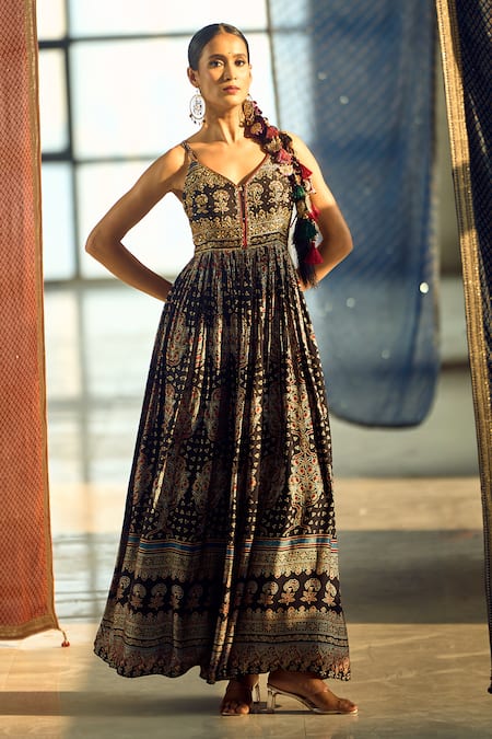 Buy_Samyukta Singhania_Black Satin, Chiffon, Viscose, Modal Tassels, Embroidery Printed And Anarkali Set _Online_at_Aza_Fashions