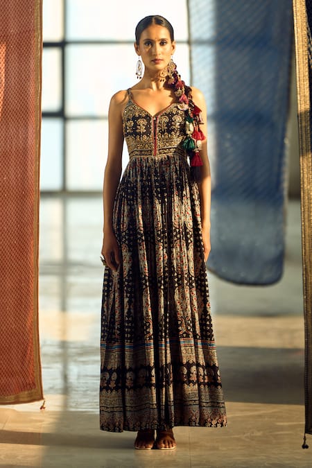 Shop_Samyukta Singhania_Black Satin, Chiffon, Viscose, Modal Tassels, Embroidery Printed And Anarkali Set _Online_at_Aza_Fashions