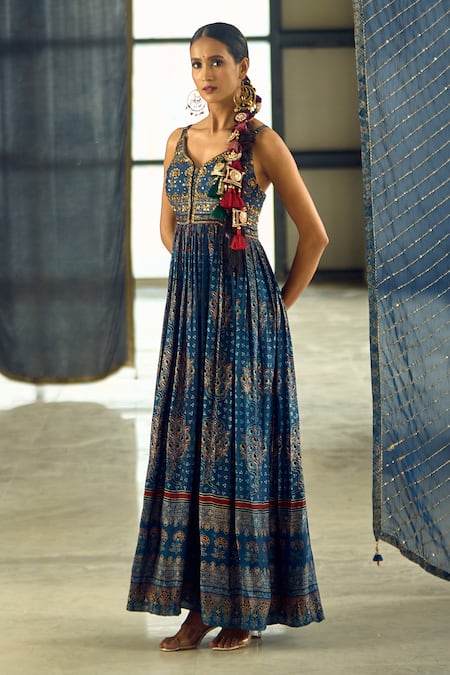 Samyukta Singhania Blue Satin, Chiffon, Viscose, Modal Tassels Floral Stripe Print Anarkali Set at Aza Fashions Samyukta Singhania_Blue Satin, Chiffon, Viscose, Modal Tassels Floral Stripe Print Anarkali Set _at_Aza_Fashions