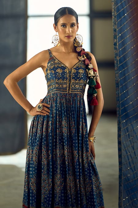 Shop Samyukta Singhania Blue Satin, Chiffon, Viscose, Modal Tassels Floral Stripe Print Anarkali Set Shop_Samyukta Singhania_Blue Satin, Chiffon, Viscose, Modal Tassels Floral Stripe Print Anarkali Set