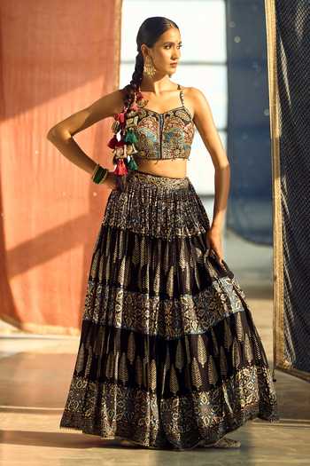 Shop_Samyukta Singhania_Black Satin, Viscose, Modal, Printed Satin-chinon Lehenga Set With Blouse _Online_at_Aza_Fashions