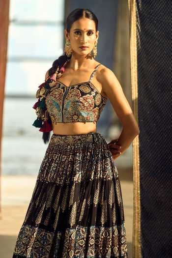 Shop_Samyukta Singhania_Black Satin, Viscose, Modal, Printed Satin-chinon Lehenga Set With Blouse 