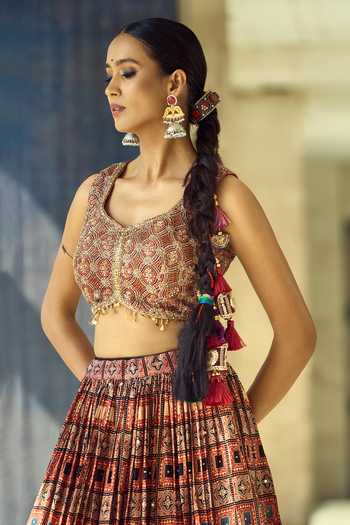 Buy_Samyukta Singhania_Maroon Organza, Satin, Viscose, Modal Tassels, Sequins Printed Lehenga Set _Online_at_Aza_Fashions