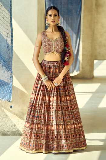 Shop_Samyukta Singhania_Maroon Organza, Satin, Viscose, Modal Tassels, Sequins Printed Lehenga Set _Online_at_Aza_Fashions
