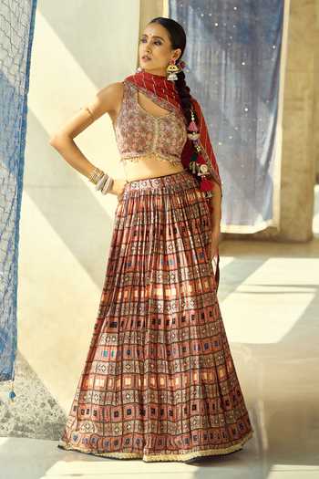 Buy_Samyukta Singhania_Maroon Organza, Satin, Viscose, Modal Tassels, Sequins Printed Lehenga Set 