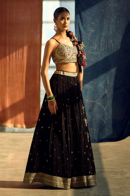 Buy_Samyukta Singhania_Black Satin, Viscose, Modal, Chinon Geometric Embroidered Blouse Lehenga Set _Online_at_Aza_Fashions