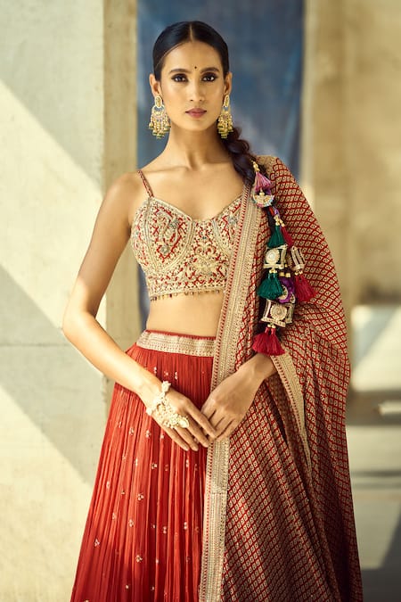 Buy_Samyukta Singhania_Gold Satin, Viscose, Modal, Chinon Embroidery, Zari, Gota Thread Lehenga Set _Online_at_Aza_Fashions