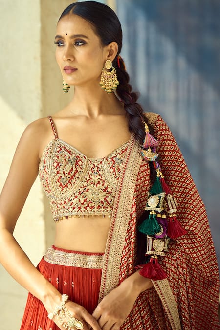 Shop_Samyukta Singhania_Gold Satin, Viscose, Modal, Chinon Embroidery, Zari, Gota Thread Lehenga Set _Online_at_Aza_Fashions