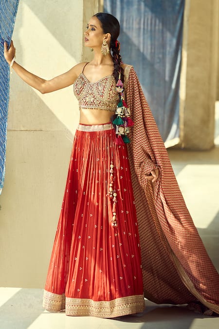 Shop_Samyukta Singhania_Gold Satin, Viscose, Modal, Chinon Embroidery, Zari, Gota Thread Lehenga Set 