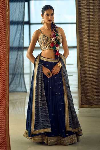 Shop Samyukta Singhania Blue Satin, Viscose, Embroidered Chinon Lehenga Set With Choli And Dupatta Shop_Samyukta Singhania_Blue Satin, Viscose, Embroidered Chinon Lehenga Set With Choli And Dupatta
