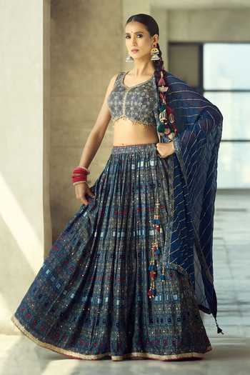 Shop_Samyukta Singhania_Blue Organza, Satin, Viscose, Modal Tassels Printed Lehenga Set With Dupatta _Online_at_Aza_Fashions