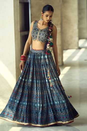 Samyukta Singhania_Blue Organza, Satin, Viscose, Modal Tassels Printed Lehenga Set With Dupatta _at_Aza_Fashions